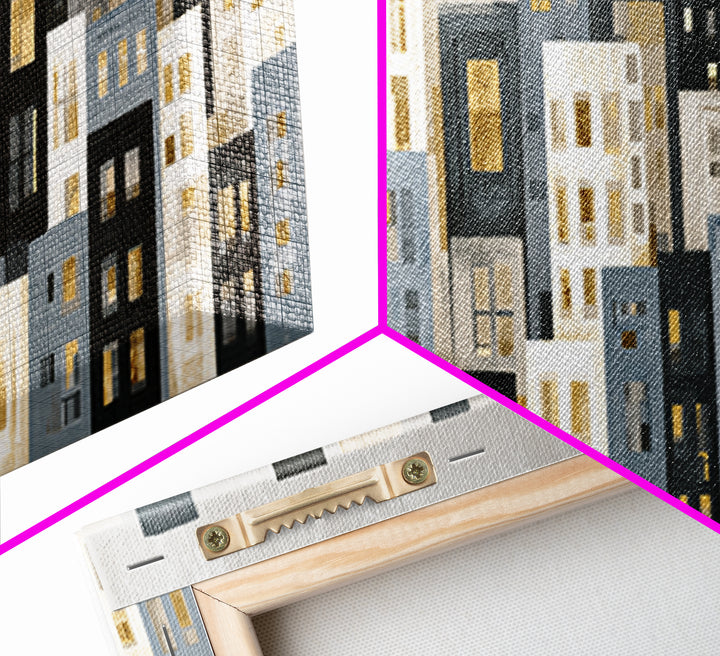 Naive Cityscape with Patterned Windows Framed Canvas Print, Eclectic Art, Gallery Decor, Living Room Decor, Oil Painting, ECL-3x1-28