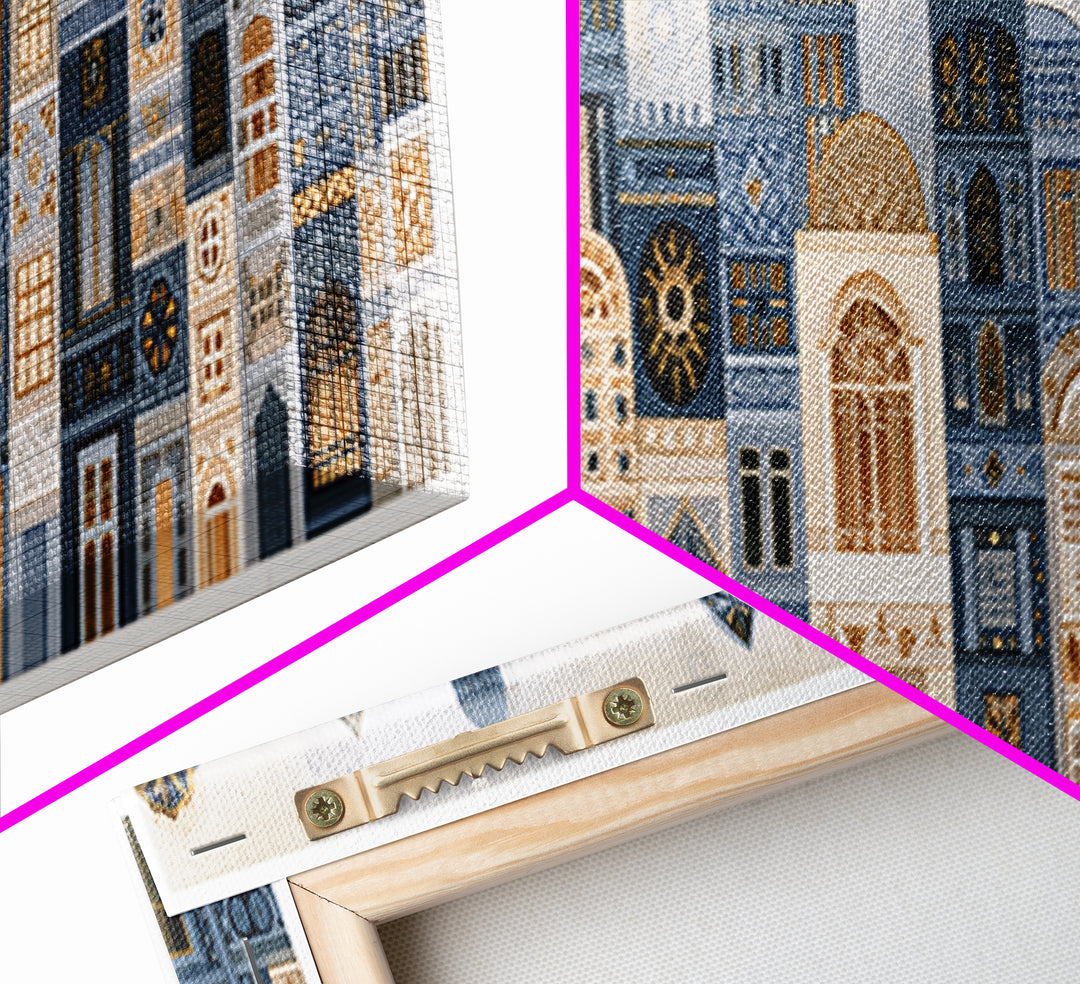 Naive Cityscape with Patterned Windows Framed Canvas Print, Eclectic Art, Home Decor, Living Room Decor, Abstract Art, Eclectic, ECL-3x1-52