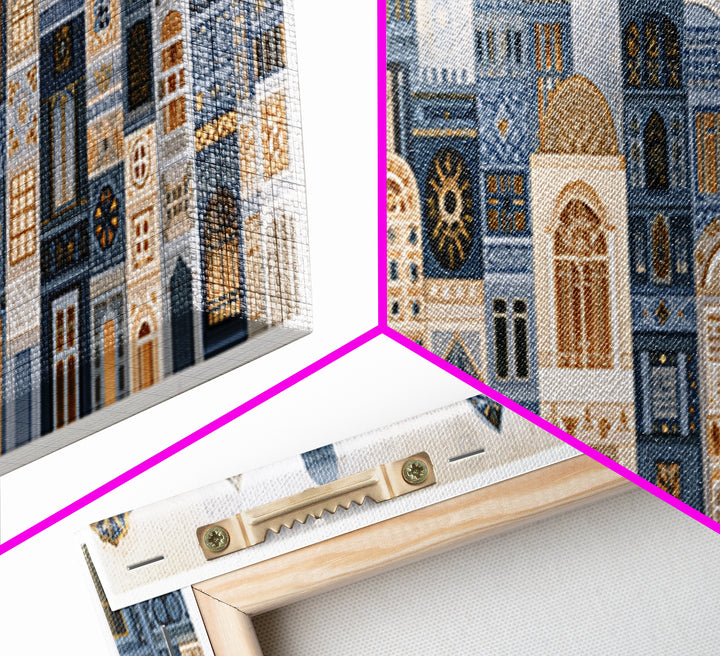 Naive Cityscape with Patterned Windows Framed Canvas Print, Eclectic Art, Home Decor, Living Room Decor, Abstract Art, Eclectic, ECL-3x1-52