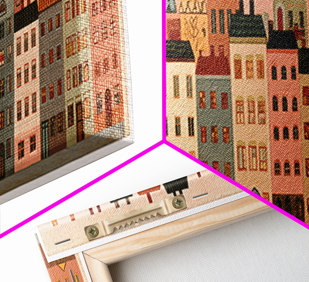 Naive Cityscape with Patterned Windows Canvas Print, Eclectic Art, Art Prints, Living Room Decor, Fine Art, Eclectic, ECL-3x1-76