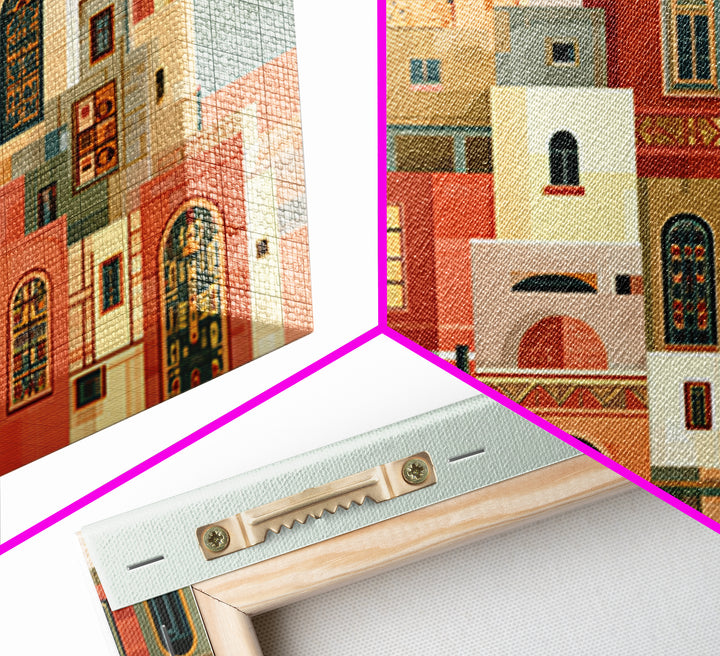 Naive Cityscape with Patterned Windows Framed Canvas Print, Eclectic Art, Original Art, Living Room Decor, Abstract Art, ECL-3x2-64