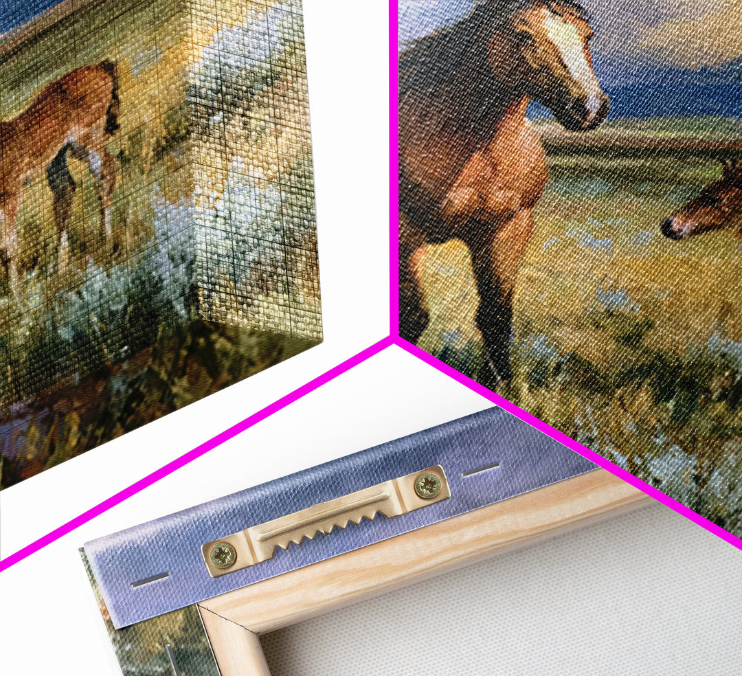 Horse and Foal Canvas Print, Equestrian Art, Digital Print, Living Room Decor, Equestrian, Moody Wall Art, Green Wall Art, EQU-1x1-36