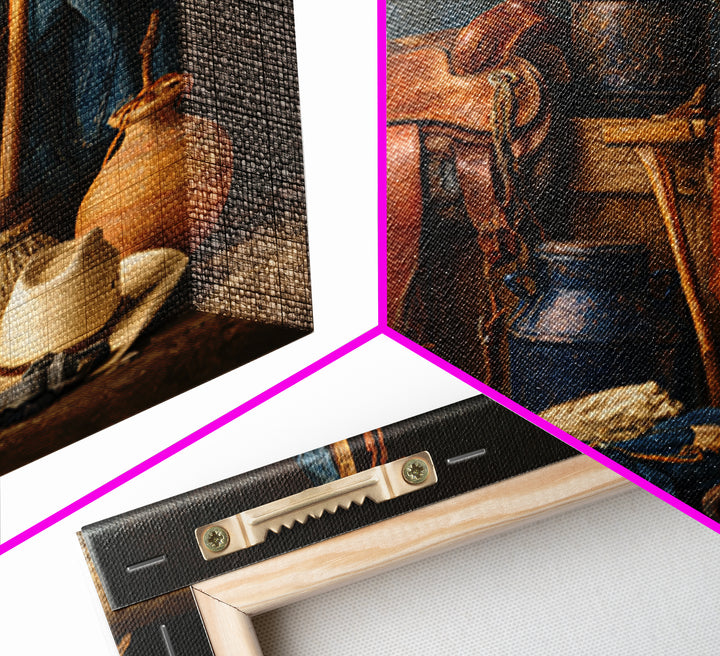 Stable Tools Arranged Like Old Master Still Framed Canvas Print, Equestrian Art, Gallery Wall, Living Room Decor, Equestrian, EQU-1x1-71
