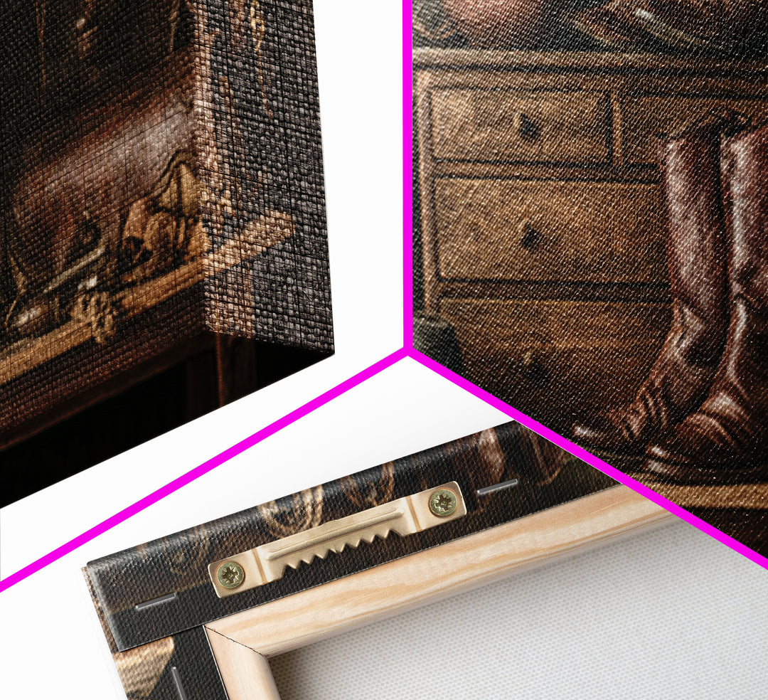 Stable Tools Arranged Like Old Master Still Framed Canvas Print, Equestrian Art, Retro Poster, Living Room Decor, Equestrian, EQU-2x1-67