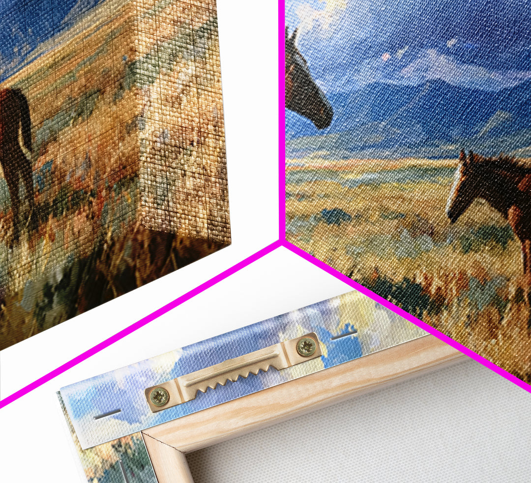 Horse and Foal Framed Canvas Print, Equestrian Art, Modern Wall Art, Living Room Decor, Oil Painting, Equestrian, Western Art, EQU-2x1-80