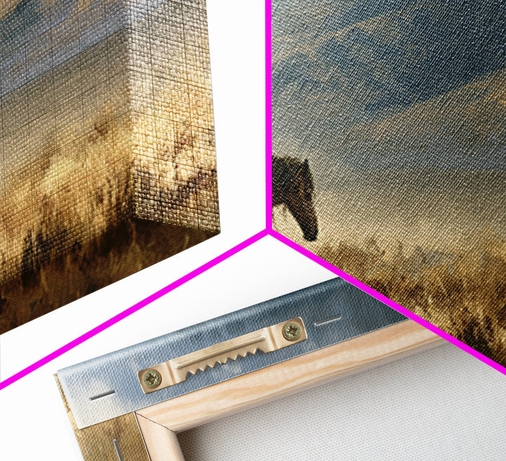 Horse in Misty Pasture with Peaceful Mood Canvas Print, Equestrian Art, Boho Wall Art, Living Room Decor, Equestrian, EQU-2x1-92