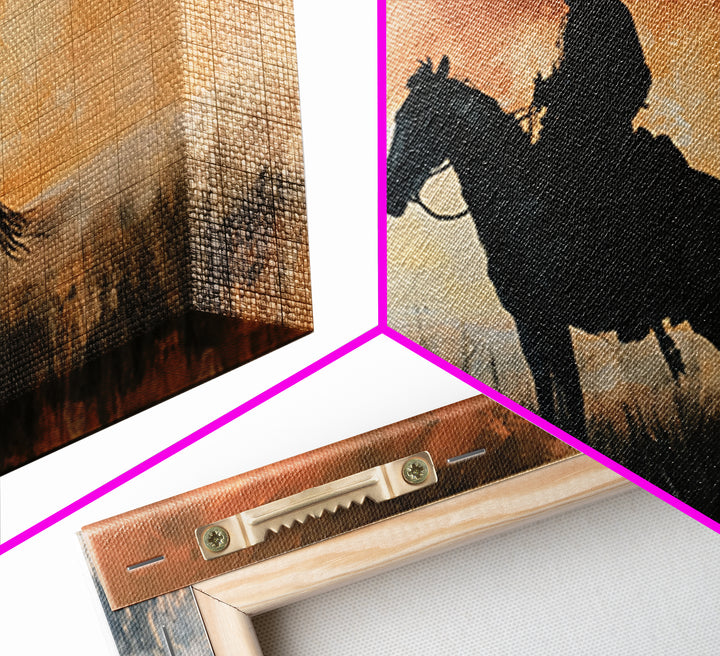 Equestrian Rider Silhouette at Sunrise Framed Canvas Print, Equestrian Art, Western Art, Living Room Decor, Equestrian, EQU-2x1-95