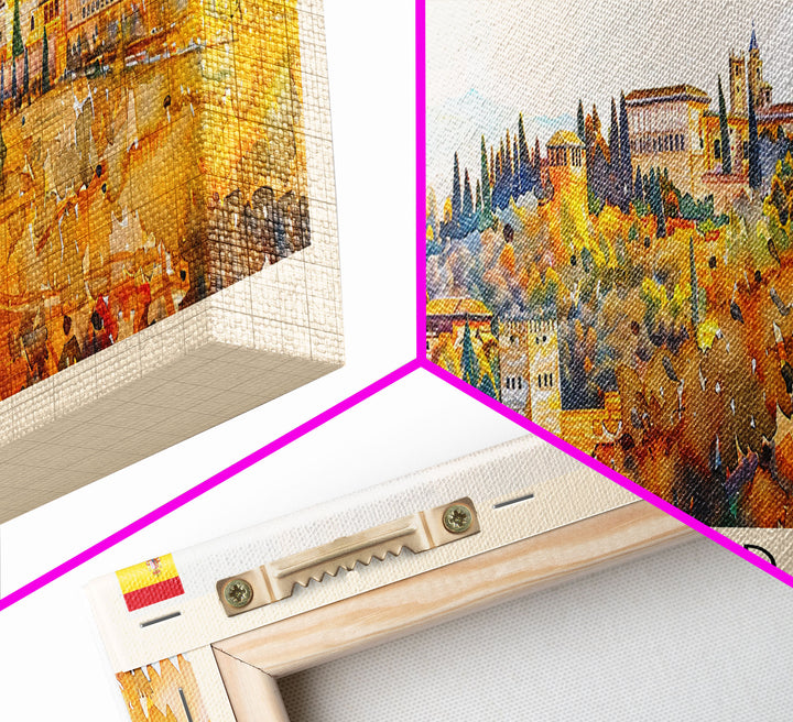 Granada Spain Panoramic Travel Poster, Framed Canvas Print or Metal Wall Art, Travel Art, Home Decor, Panoramic Painting, Midcentury Art