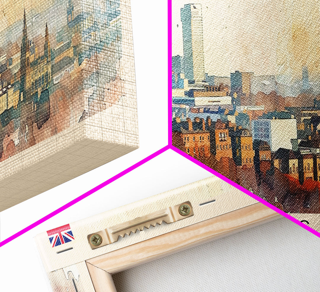 Leeds United Kingdom Panoramic Travel Poster, Framed Canvas Print or Metal Wall Art, Travel Art, Home Decor, Panoramic Painting, Midcentury Art