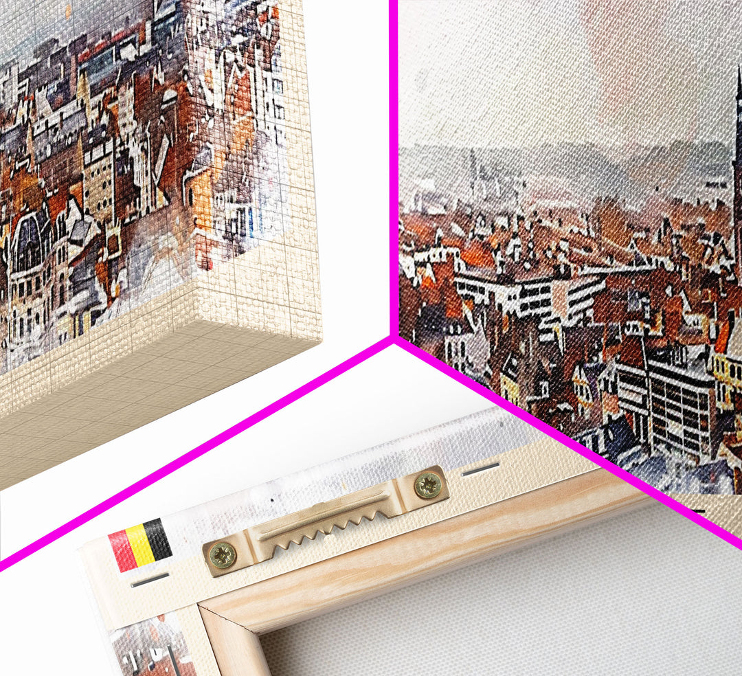 Liege Belgium Panoramic Travel Poster, Framed Canvas Print or Metal Wall Art, Travel Art, Home Decor, Panoramic Painting, Midcentury Art