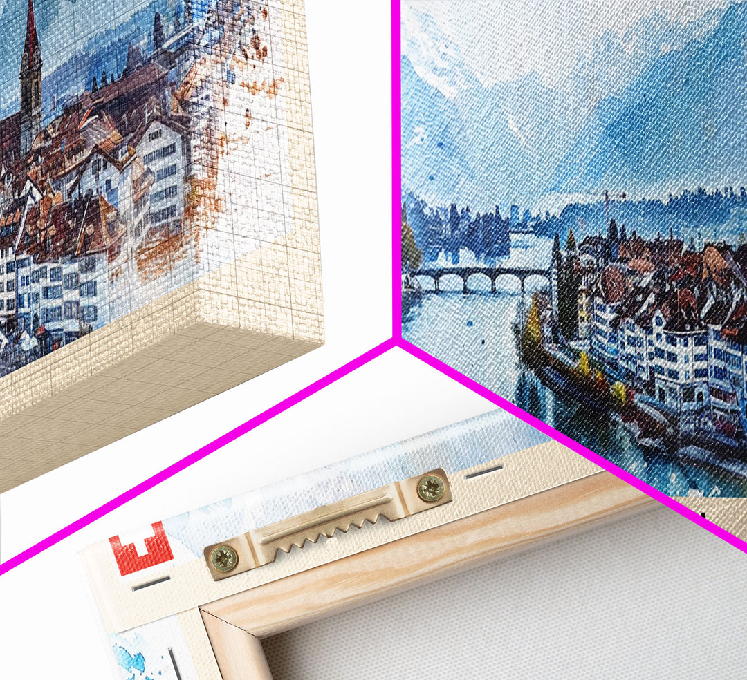 Thun Switzerland Panoramic Travel Poster, Framed Canvas Print or Metal Wall Art, Travel Art, Home Decor, Panoramic Painting, Midcentury Art