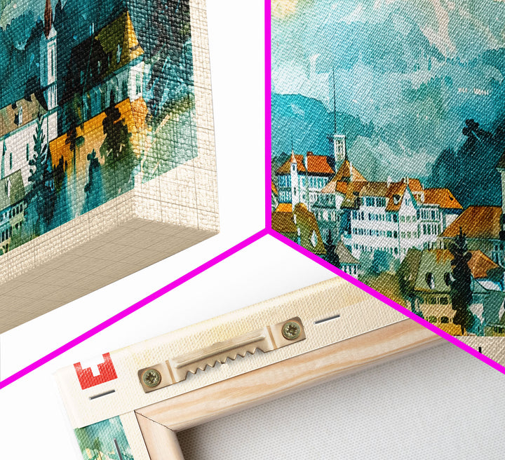 St. Gallen Switzerland Panoramic Travel Poster, Framed Canvas Print or Metal Wall Art, Travel Art, Home Decor, Panoramic Painting, Midcentury Art