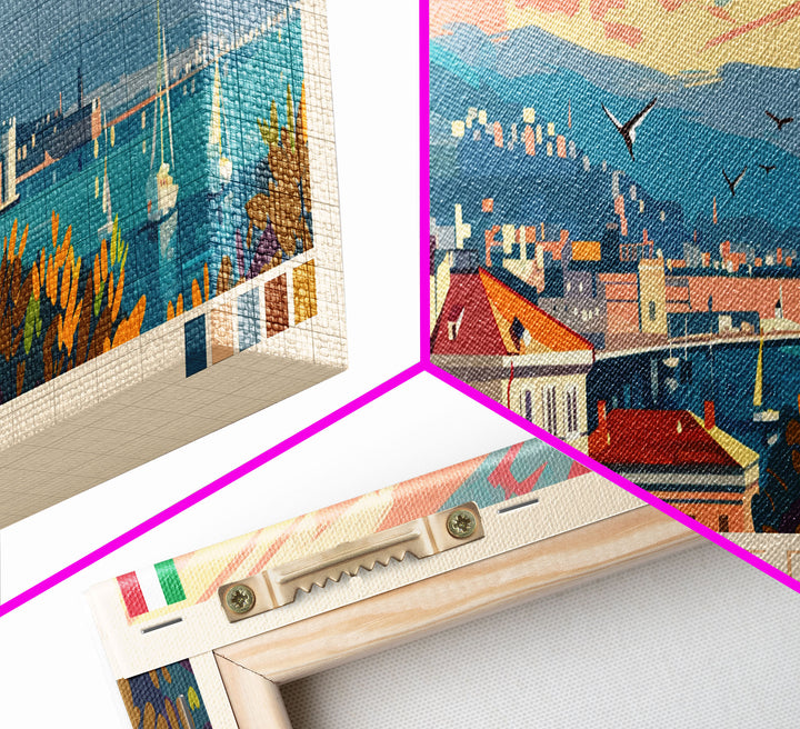 Trieste Italy Panoramic Travel Poster, Framed Canvas Print or Metal Wall Art, Travel Art, Home Decor, Panoramic Painting, Midcentury Art