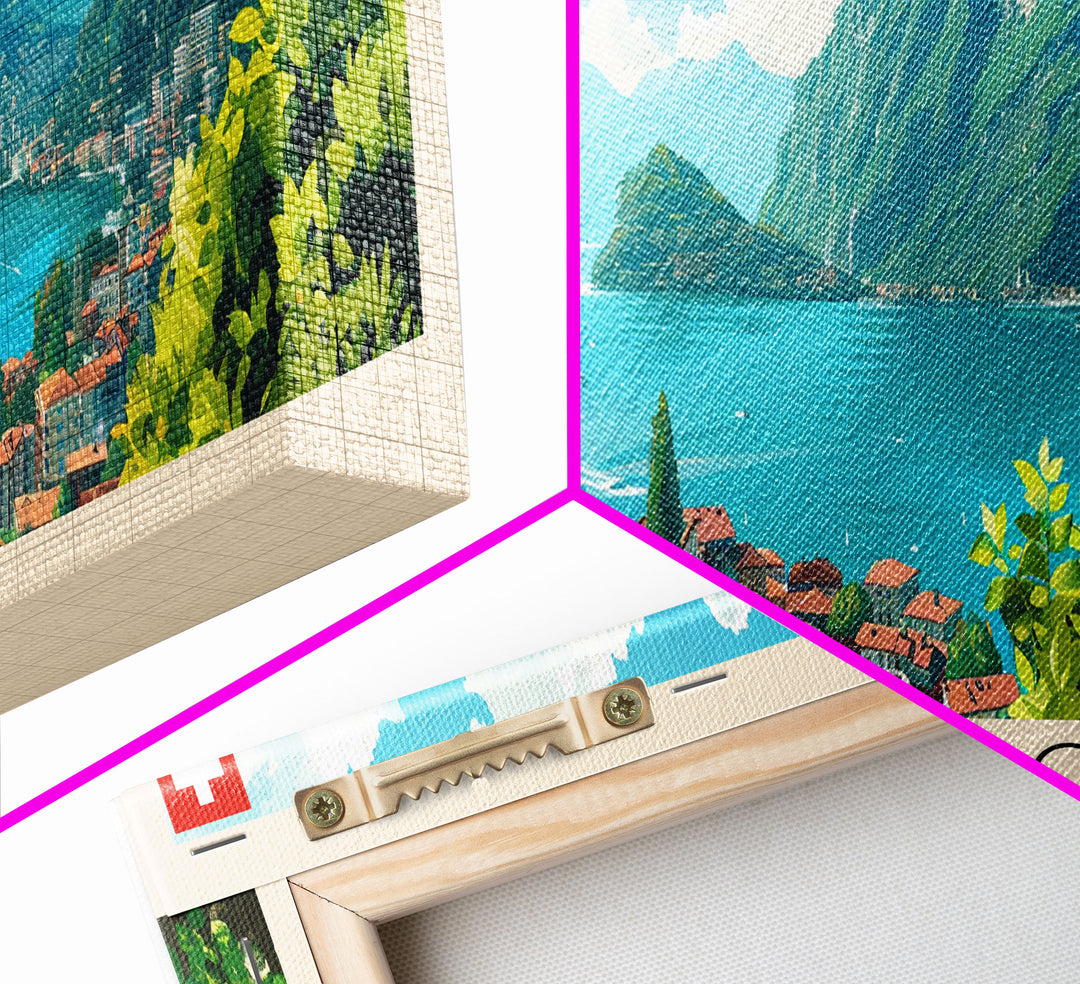 Lugano Switzerland Panoramic Travel Poster, Framed Canvas Print or Metal Wall Art, Travel Art, Home Decor, Panoramic Painting, Midcentury Art