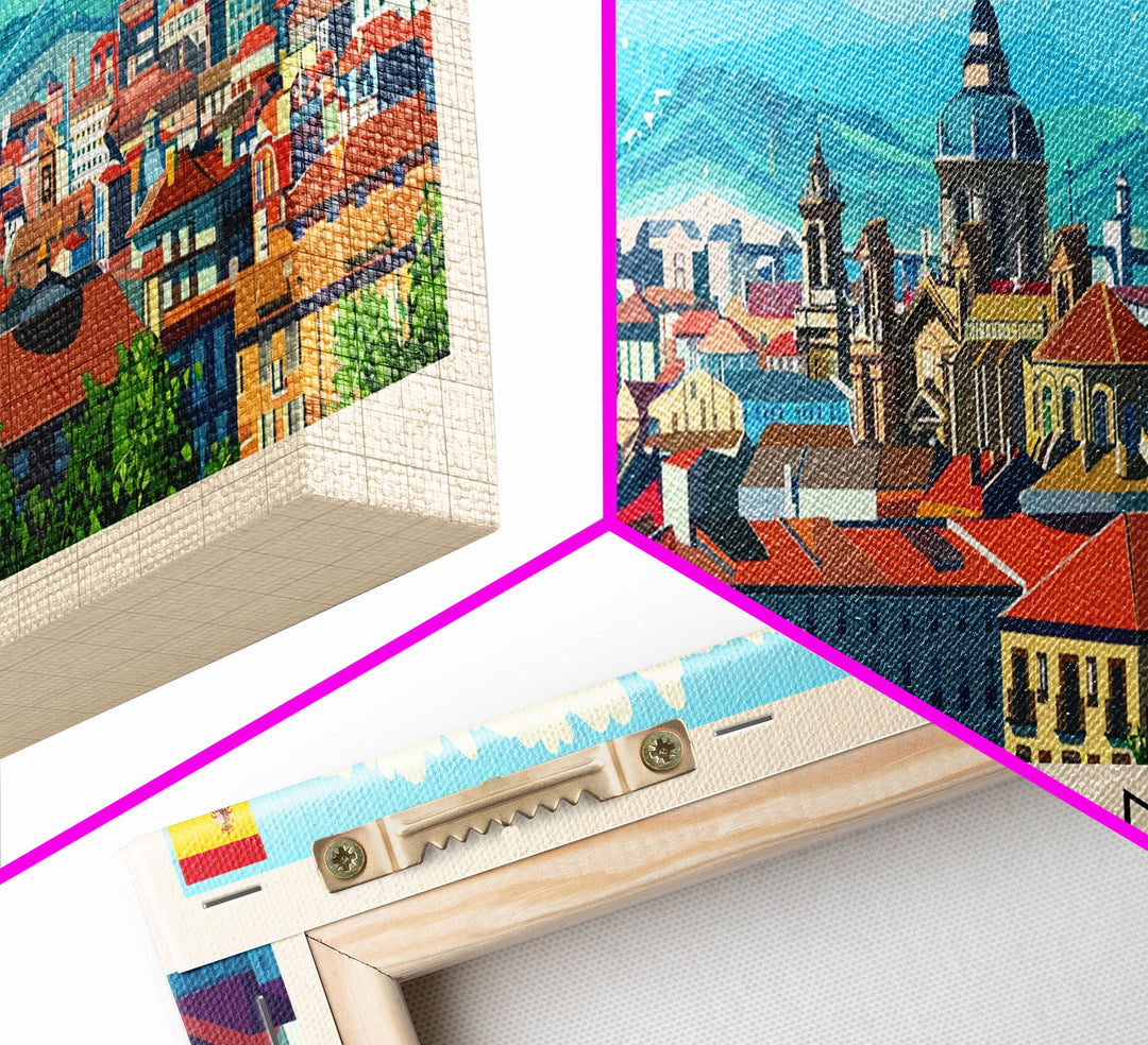 Pamplona Spain Panoramic Travel Poster, Framed Canvas Print or Metal Wall Art, Travel Art, Home Decor, Panoramic Painting, Midcentury Art