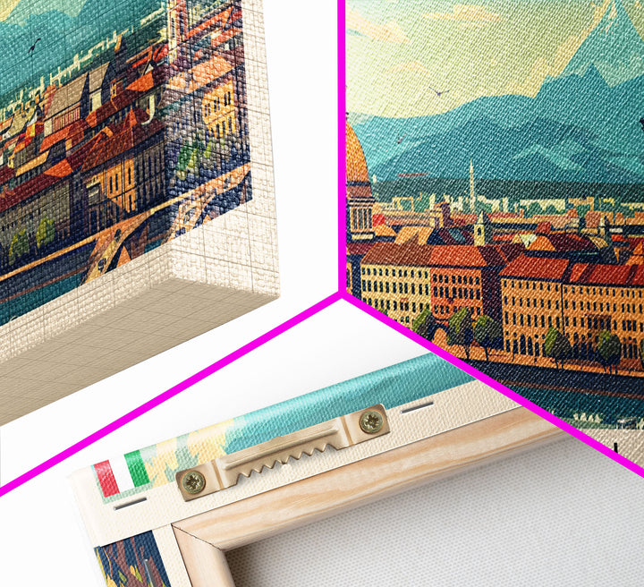 Turin Italy Panoramic Travel Poster, Framed Canvas Print or Metal Wall Art, Travel Art, Home Decor, Panoramic Painting, Midcentury Art