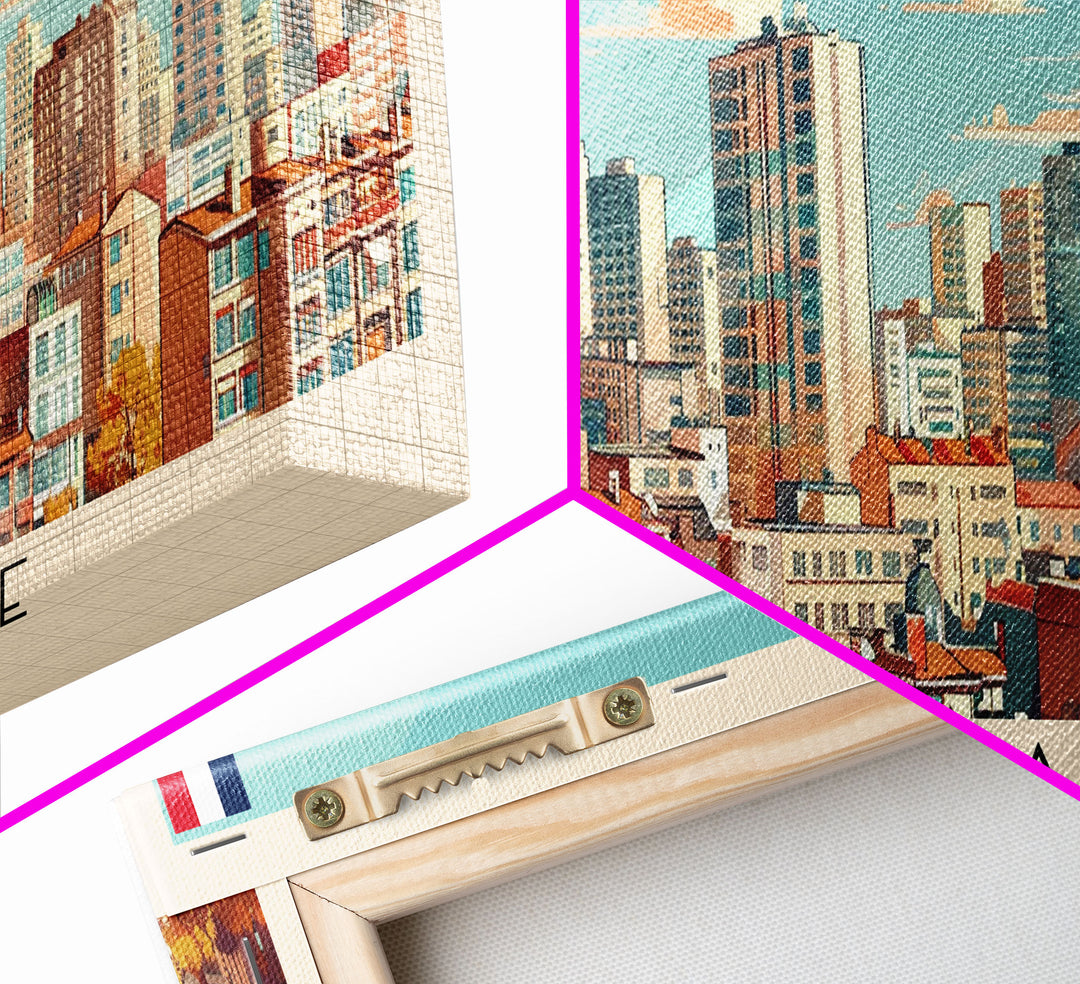 Villeurbanne France Panoramic Travel Poster, Framed Canvas Print or Metal Wall Art, Travel Art, Home Decor, Panoramic Painting, Midcentury Art