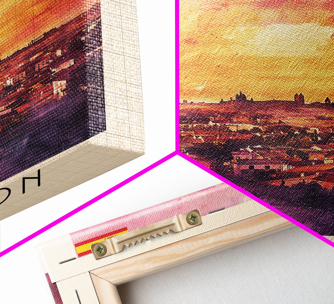 Alcorcón Spain Sunset Skyline Travel Poster Art, Framed Canvas Print, Beautiful Wall Art for Living Room or Bedroom, Home Decoration