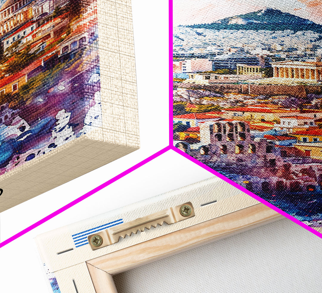 Athens Greece Travel Poster Framed Canvas Print, Wall Art, Home Decor, Vacation Print, Watercolor Painting, Ancient Ruins, Historical Art