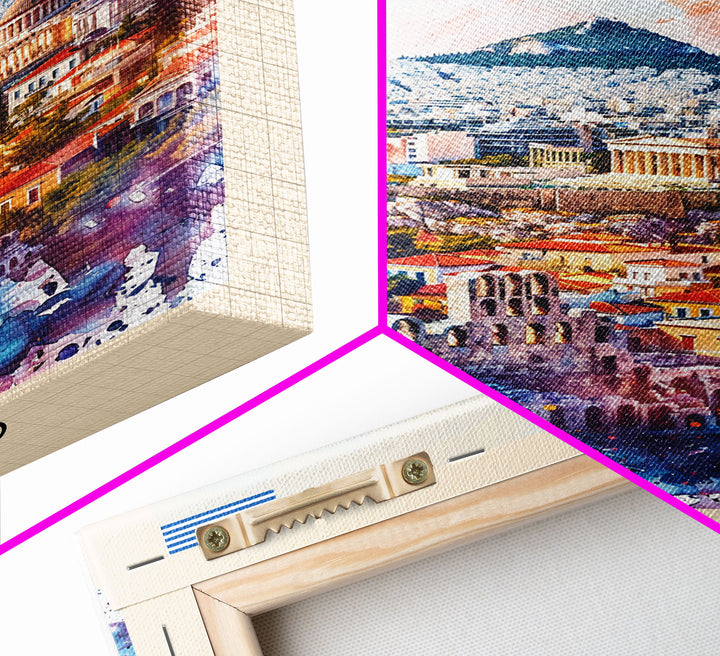 Athens Greece Travel Poster Framed Canvas Print, Wall Art, Home Decor, Vacation Print, Watercolor Painting, Ancient Ruins, Historical Art