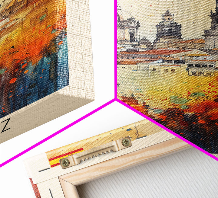 Badajoz Spain Travel Poster Framed Canvas Print, Wall Art, Home Decor, Vacation Print, Watercolor Painting, Cityscape Art, Vibrant Colors