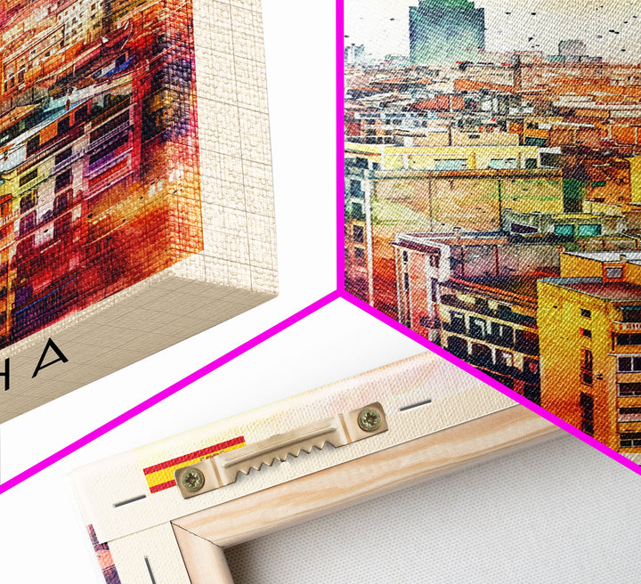 Badalona Spain Travel Poster Framed Canvas Print, Wall Art, Home Decor, Travel Print, Watercolor Painting, Urban Cityscape, Original Art