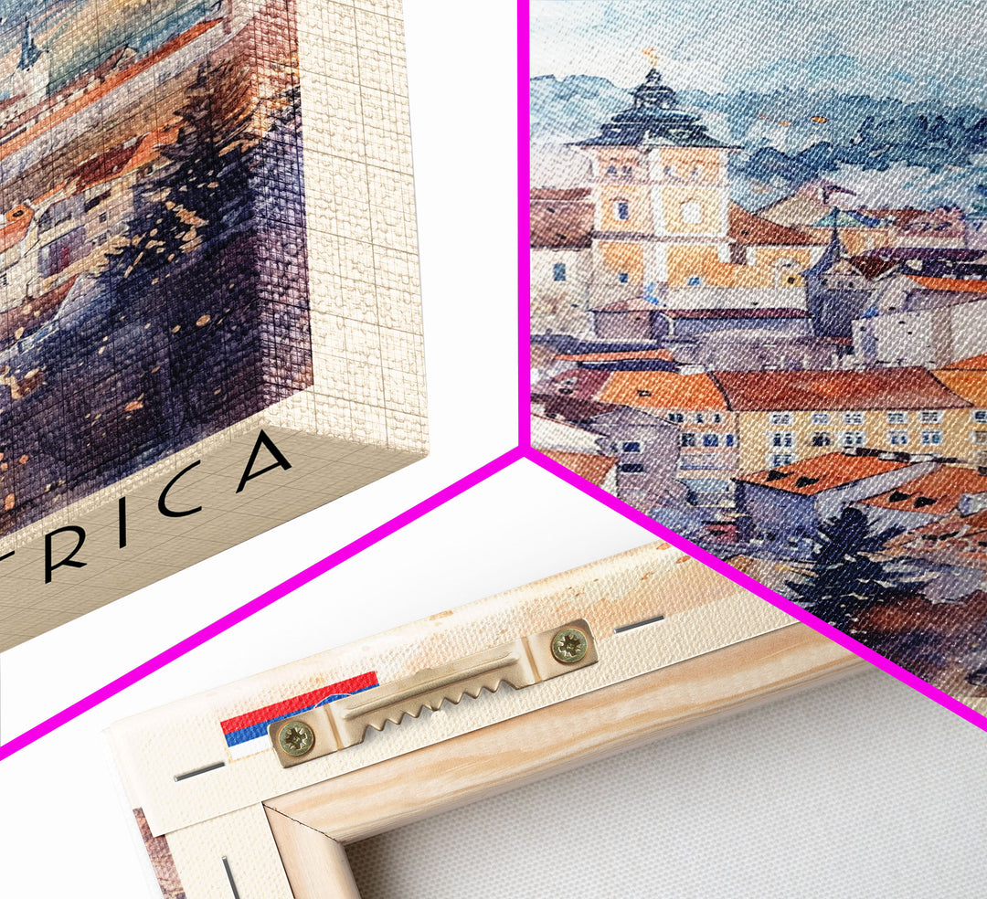 Banska Bystrica Slovakia Travel Poster Framed Canvas Print, Wall Art, Home Decor, Vacation Print, Watercolor Painting, Cityscape Art