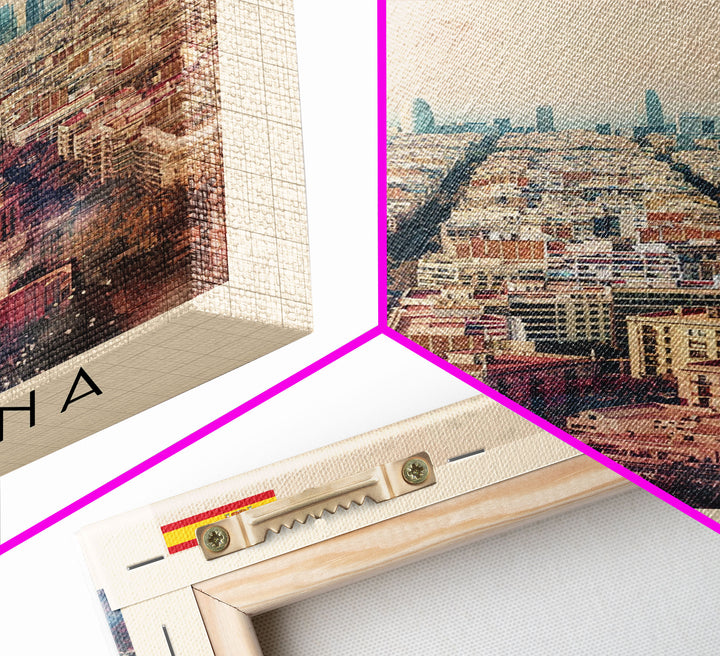 Barcelona Spain Travel Poster Framed Canvas Print, Wall Art, Home Decor, Travel Print, Watercolor Painting, Urban Scene, Vibrant Colors