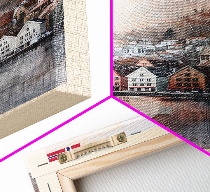 Bergen Norway Travel Poster Framed Canvas Print, Watercolor Painting, Wall Art, Home Decor, Boho Art, Scenic Travel Print