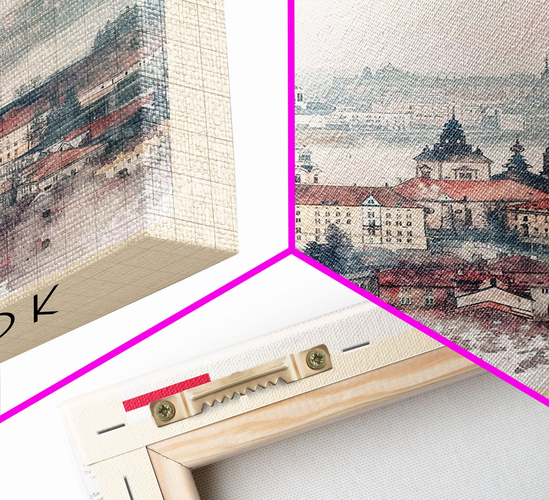 Białystok Poland Travel Poster Framed Canvas Print, Watercolor Art, Home Decor, Wall Art, Travel Print, Historic Cityscape Art