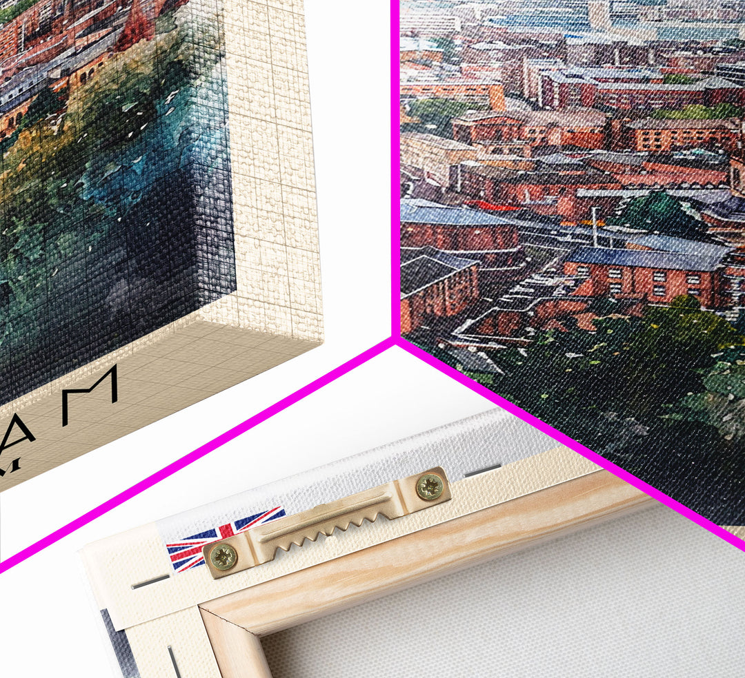 Birmingham United Kingdom Travel Poster Framed Canvas Print, Watercolor Art, Home Decor, Wall Art, Travel Print, Cityscape Art