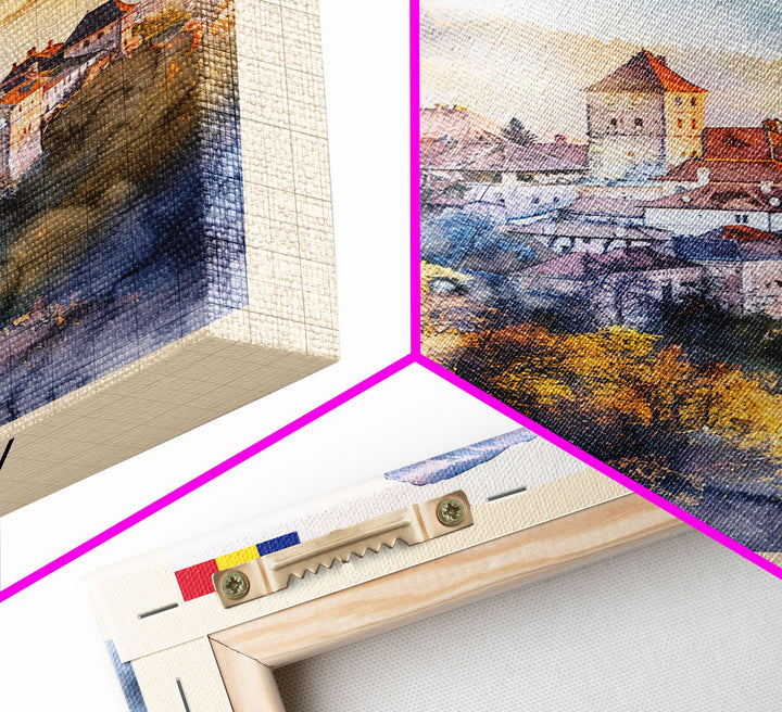 Bra?ov Romania Travel Poster Framed Canvas Print, Wall Art, Home Decor, Travel Print, Mountain View, Watercolor Painting, Original Art