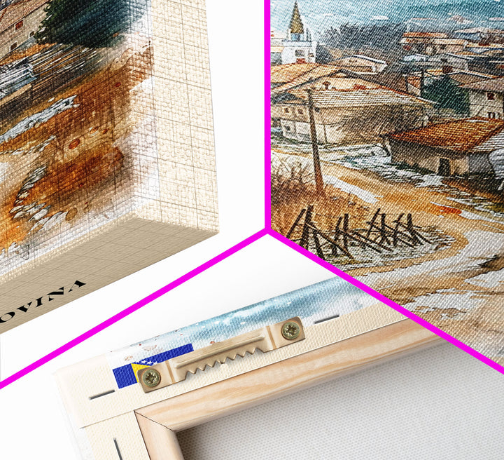 Brčko Bosnia Travel Poster Framed Canvas Print, Cityscape Art, Wall Decor, Travel Print, Watercolor Painting, Urban Scene Art