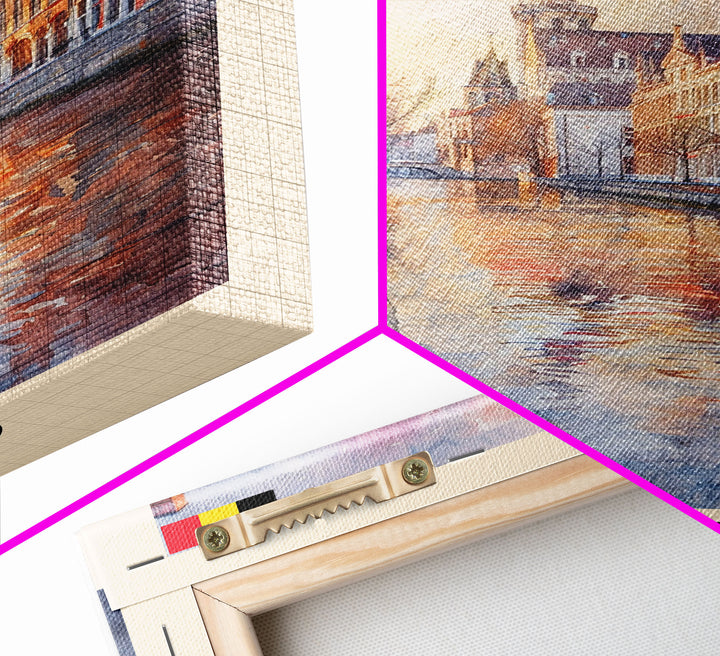 Bruges Belgium Travel Poster Framed Canvas Print, Watercolor Painting, Boho Wall Art, Home Decor, Living Room Art, Minimalist Travel Print