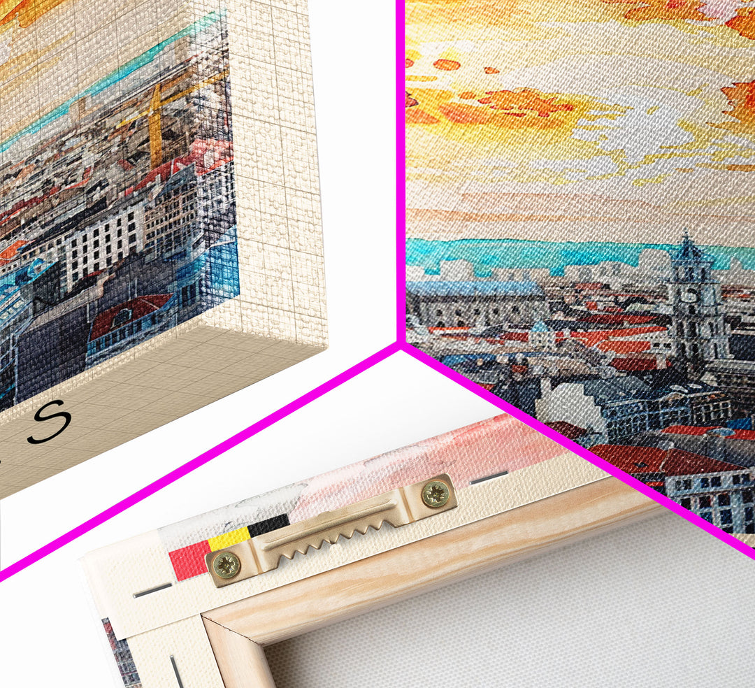 Brussels Belgium Travel Poster Framed Canvas Print, Abstract Sunset, Wall Art, Modern Home Decor, Travel Print, Watercolor Painting, Art Piece