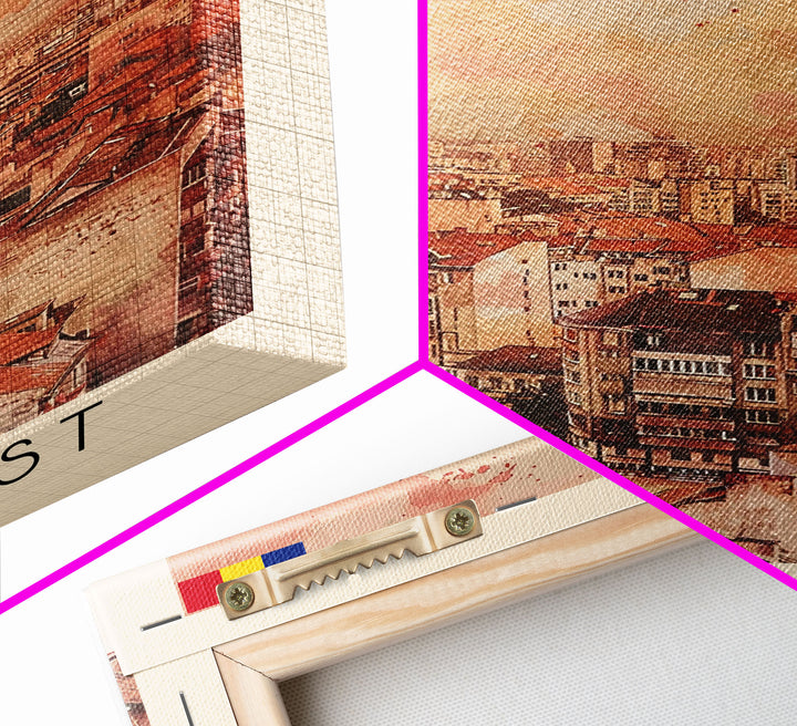 Bucharest Romania Travel Poster Framed Canvas Print, Abstract Cityscape, Boho Wall Art, Home Decor, Living Room Art, Watercolor Painting, Original Art