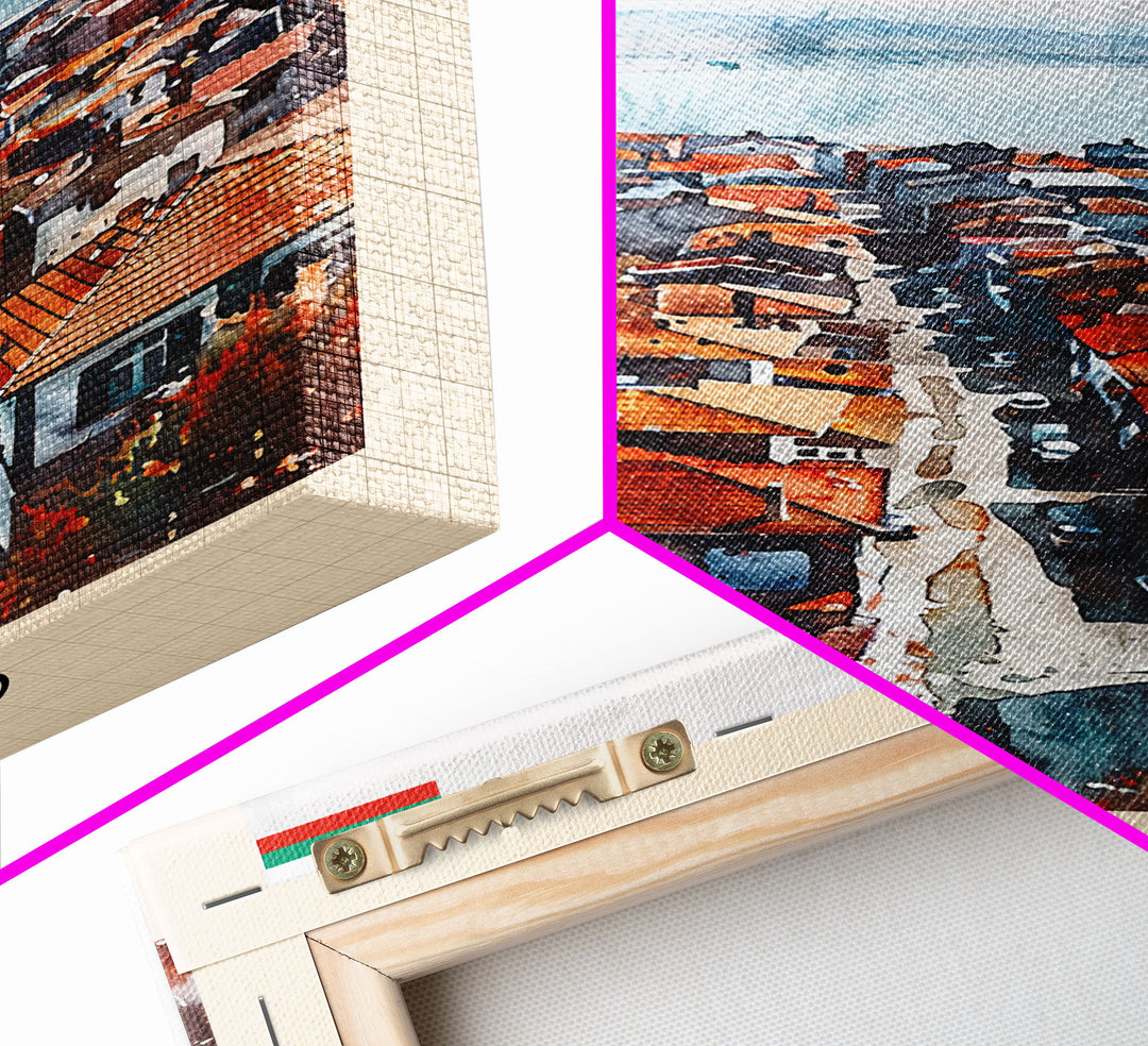 Burgas Bulgaria Travel Poster Framed Canvas Print, Coastal Cityscape, Watercolor Painting, Wall Art, Home Decor, Minimalist Travel Print, Urban Scene