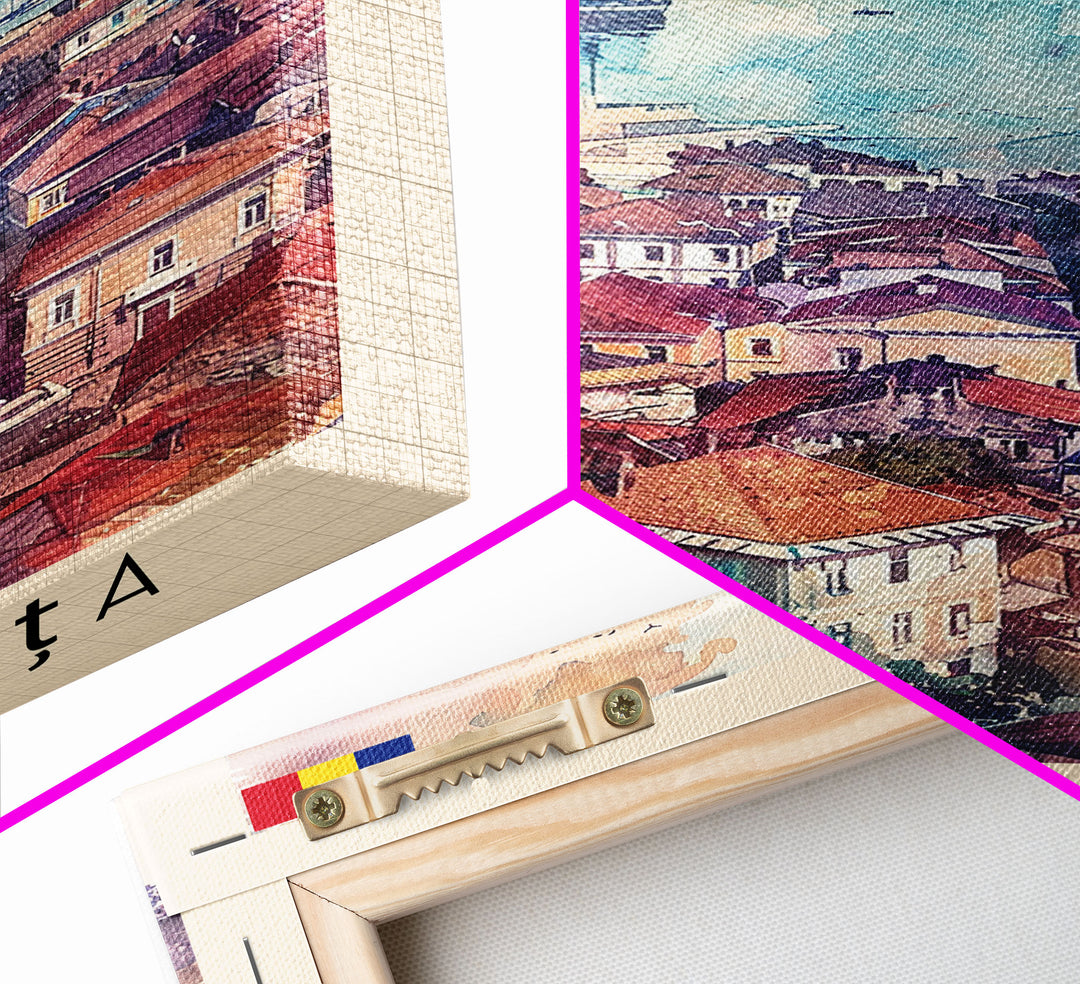 Constanta Romania Framed Canvas Print, Travel Poster Art, Watercolor Painting, Coastal Cityscape Wall Art, Home Decor, Living Room Artwork, Travel Print