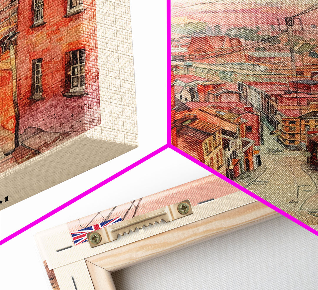 Derby United Kingdom Scenic Watercolor Framed Canvas Print, Vintage Travel Poster, British Wall Art, Rustic Home Decor, Retro Urban Artwork, Living Room Decoration