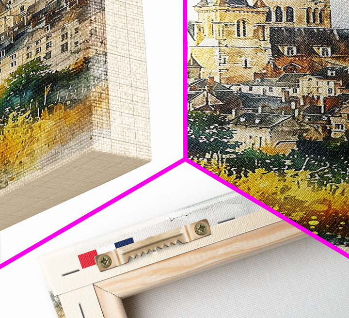 Dijon France Historic Landmark Framed Canvas Print, Watercolor Travel Poster, French Heritage Art, Classic Home Decor, Retro Wall Art, Living Room Piece