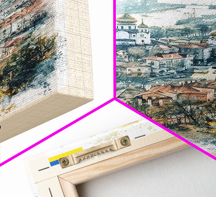 Dnipro Ukraine Urban Landscape Framed Canvas Print, Watercolor Travel Poster, Eastern European Wall Art, Elegant Home Decor, Retro Cityscape Art, Living Room Accent