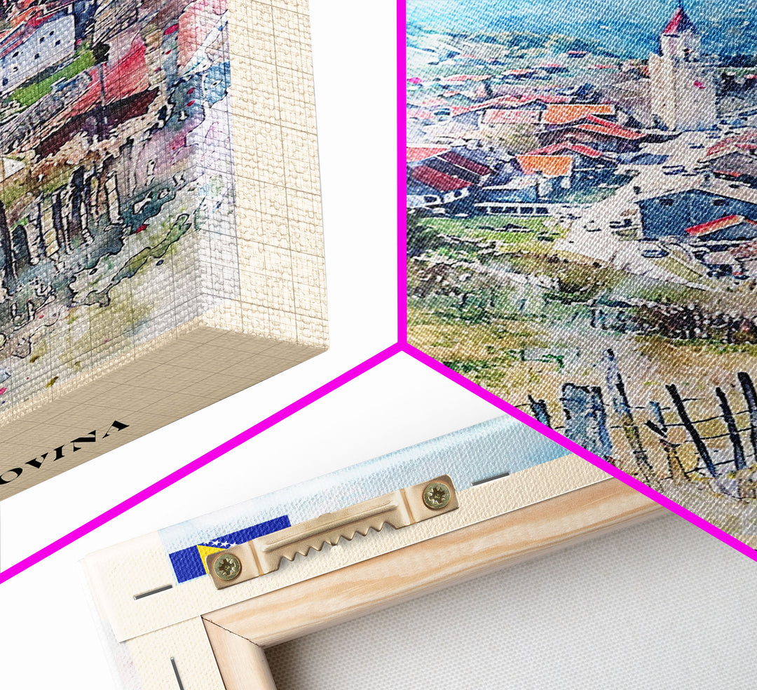 Doboj Bosnia and Herzegovina Countryside Framed Canvas Print, Watercolor Travel Poster, Bosnian Scenic Art, Cozy Home Decor, Rustic Wall Art, Living Room Decor