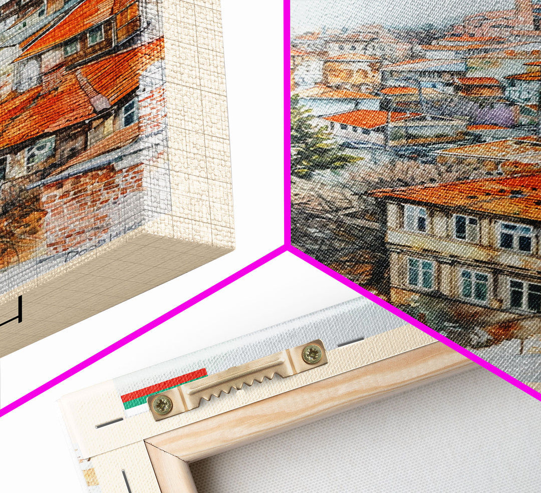 Dobrich Bulgaria Quaint Town Framed Canvas Print, Watercolor Travel Poster, Bulgarian Village Art, Rustic Home Decor, Vintage Wall Art, Living Room Enhancement