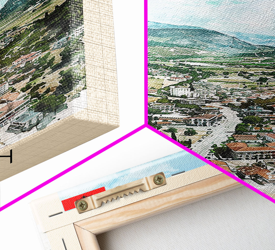 Elbasan, Albania Framed Canvas Print. Mountain Charm Wall Art for Living Room or Bedroom, Scenic Travel Poster Decor.