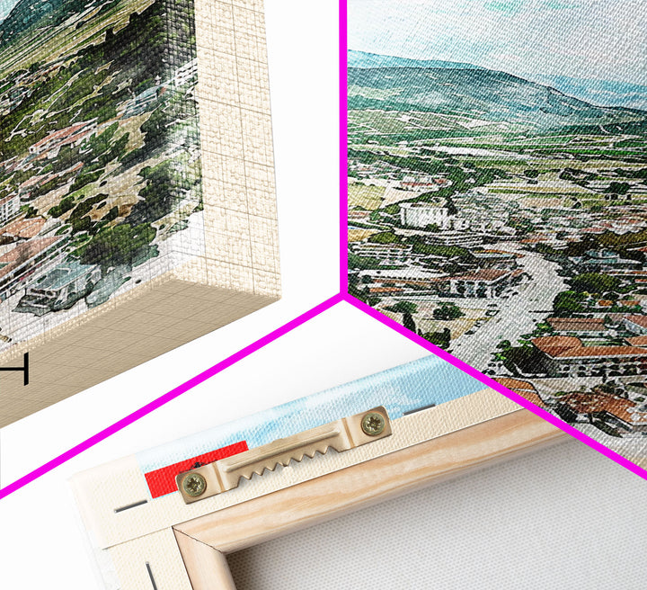 Elbasan, Albania Framed Canvas Print. Mountain Charm Wall Art for Living Room or Bedroom, Scenic Travel Poster Decor.