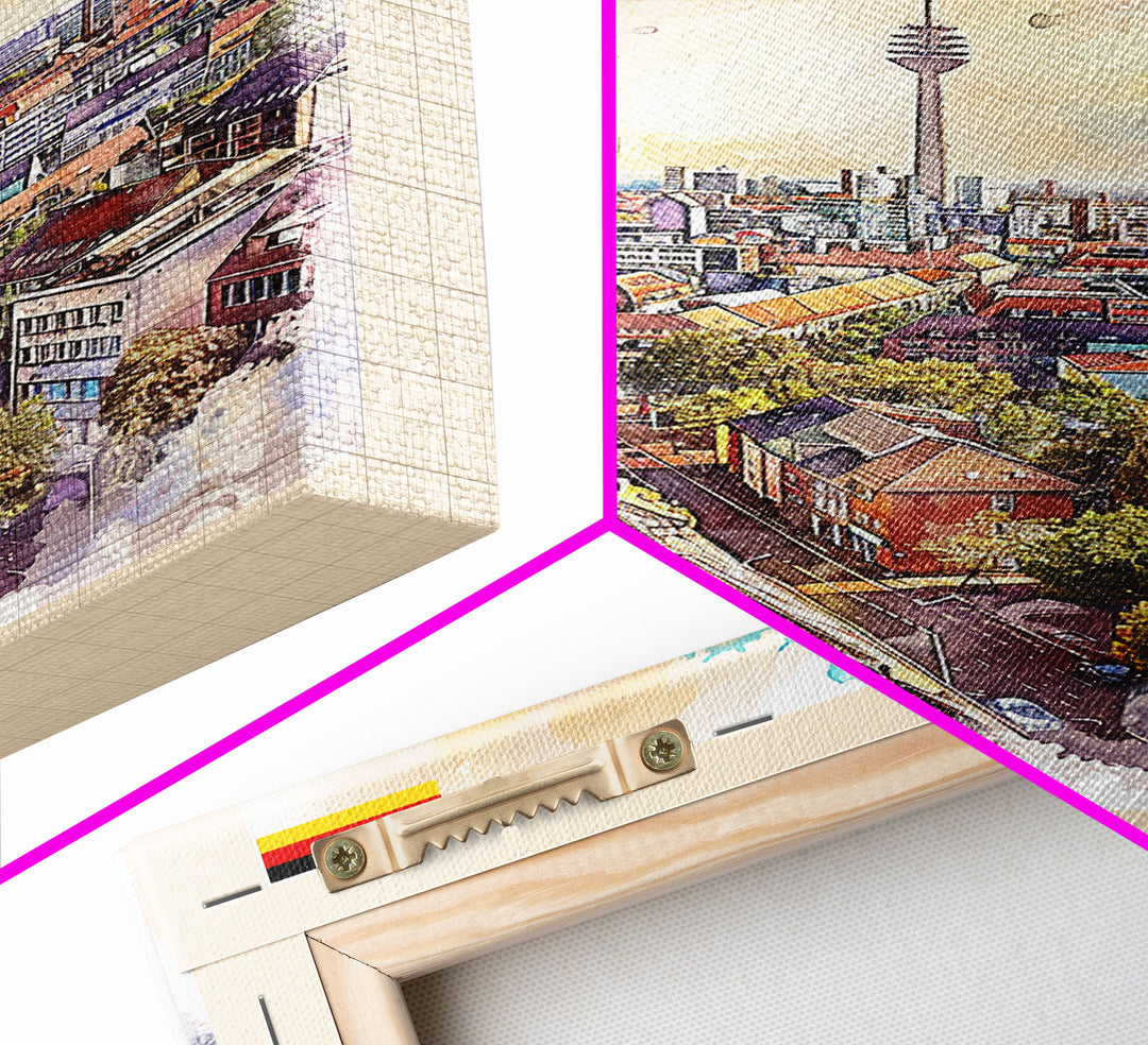 Essen Germany Vibrant Cityscape Watercolor Framed Canvas Print, Dynamic Travel Poster Art for Living Room and Bedroom Decor