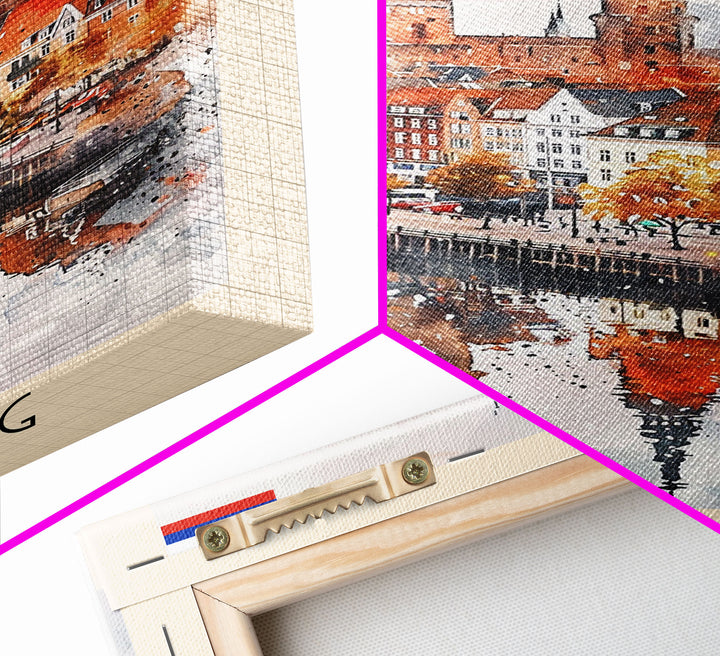 Kolding Denmark Waterfront View, Framed Canvas Print, Travel Poster, Wall Art, Kitchen Decor, Danish Urban Painting, Waterfront Scenery