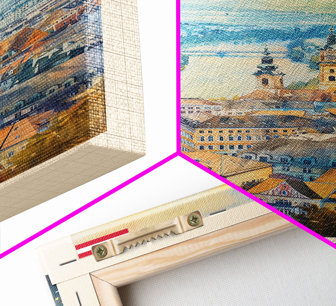 Linz Austria Travel Poster Framed Canvas Print, Scenic Landscape, Watercolor Painting, Wall Art, Home Decoration, Travel Print, Artistic Gift
