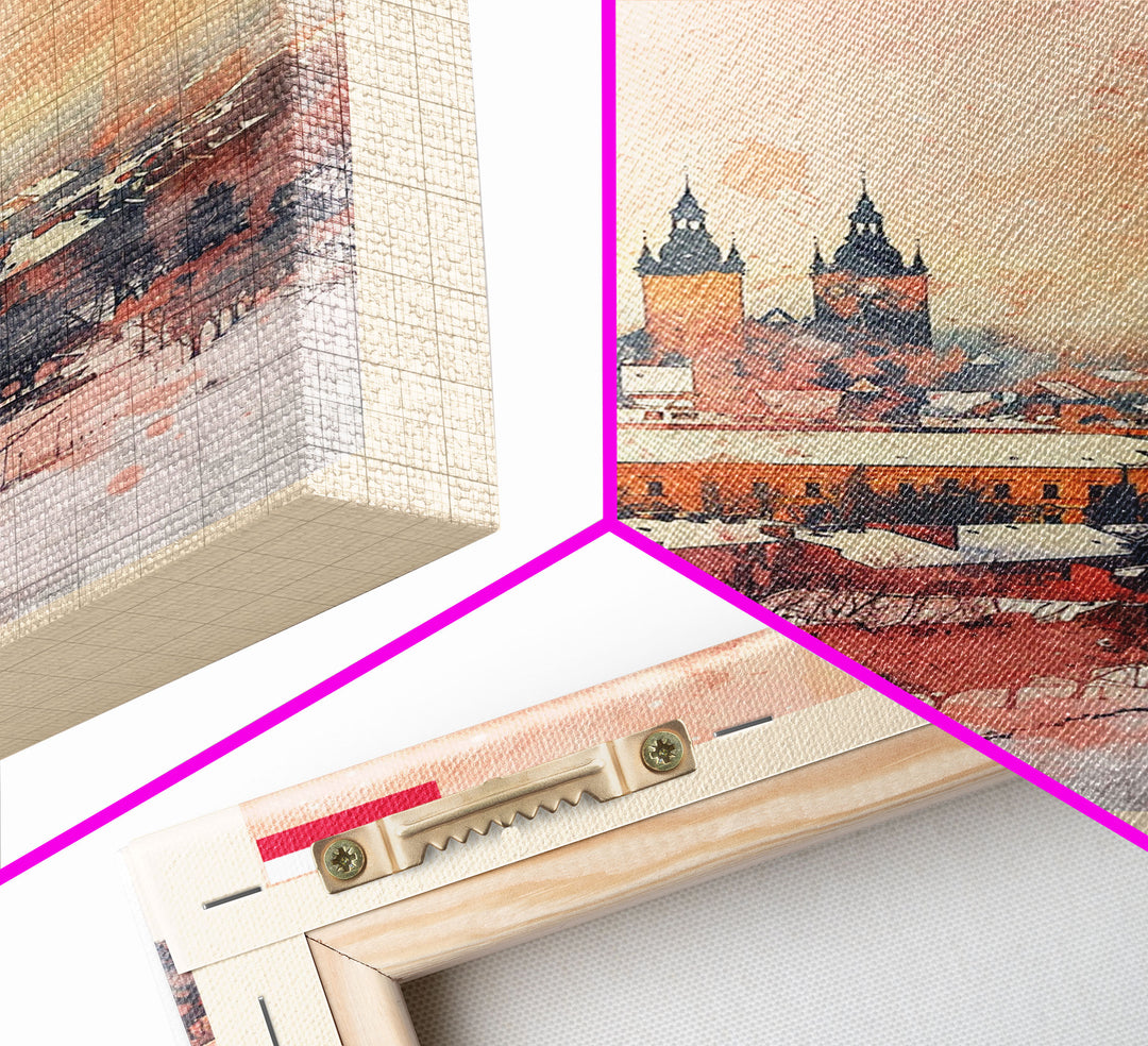 Lodz Poland Travel Poster Framed Canvas Print, Historic Cityscape, Watercolor Painting, Wall Art, Home Decor, Travel Print, Artistic Gift