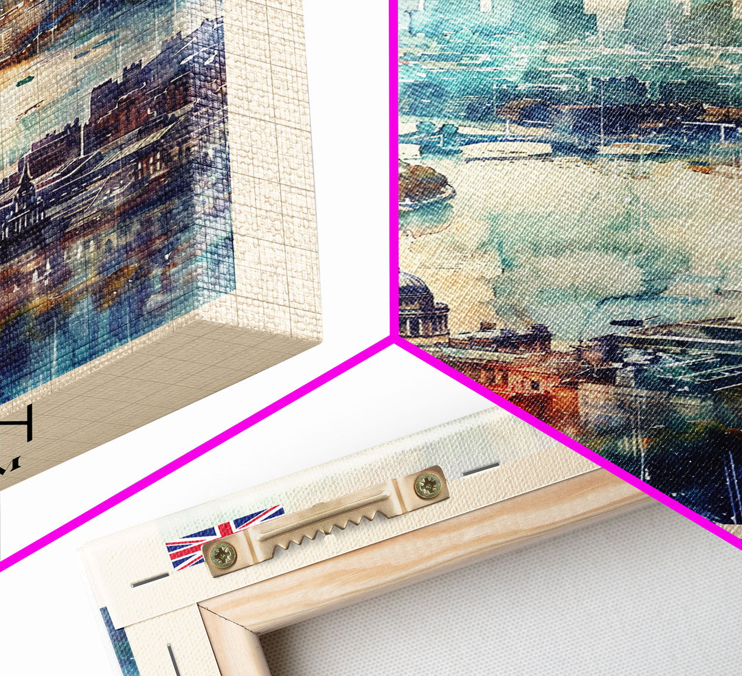 London United Kingdom Travel Poster Framed Canvas Print, Iconic Cityscape, Watercolor Art, Wall Decor, Home Decoration, Travel Print, Artistic Gift